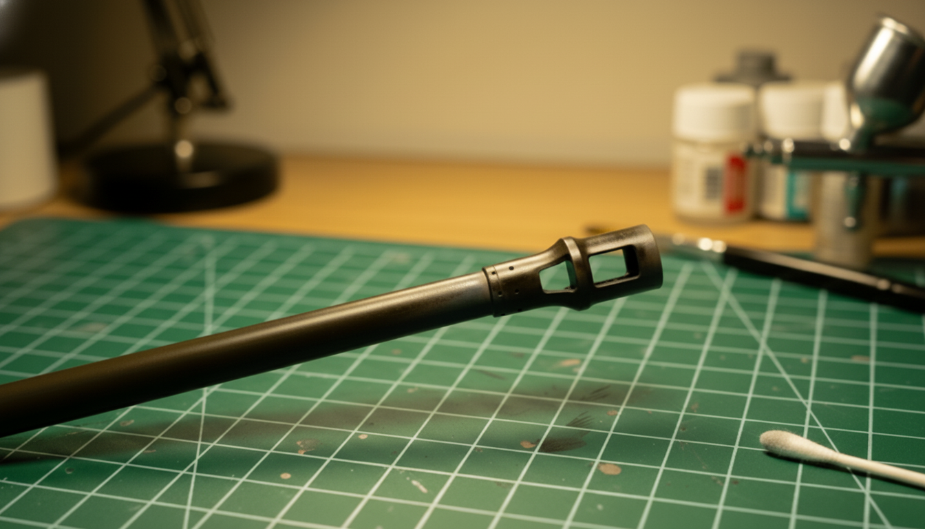 How to Paint a Smoked Tank Cannon Barrel - Featured Close-up of a completed tank barrel showing a blended soot fade, subtle heat tint, and soft metallic muzzle rim as a modeler inspects the finished result.