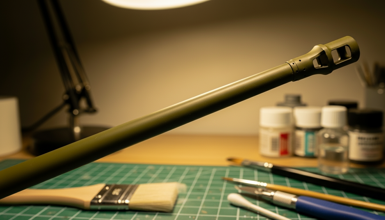 How to Paint a Smoked Tank Cannon Barrel - Step 1 Scale-model tank barrel on a green cutting mat with a hand applying clear matt varnish to protect the paint before adding smoke effects.