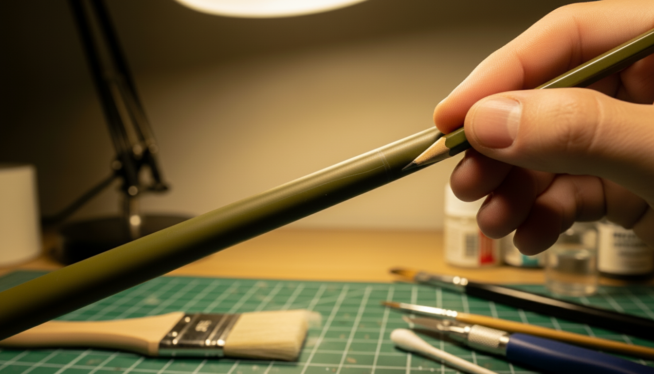 How to Paint a Smoked Tank Cannon Barrel - Step 2 Macro photo of a model tank barrel tip where a pencil line marks the last few millimeters of the muzzle to define the soot area.