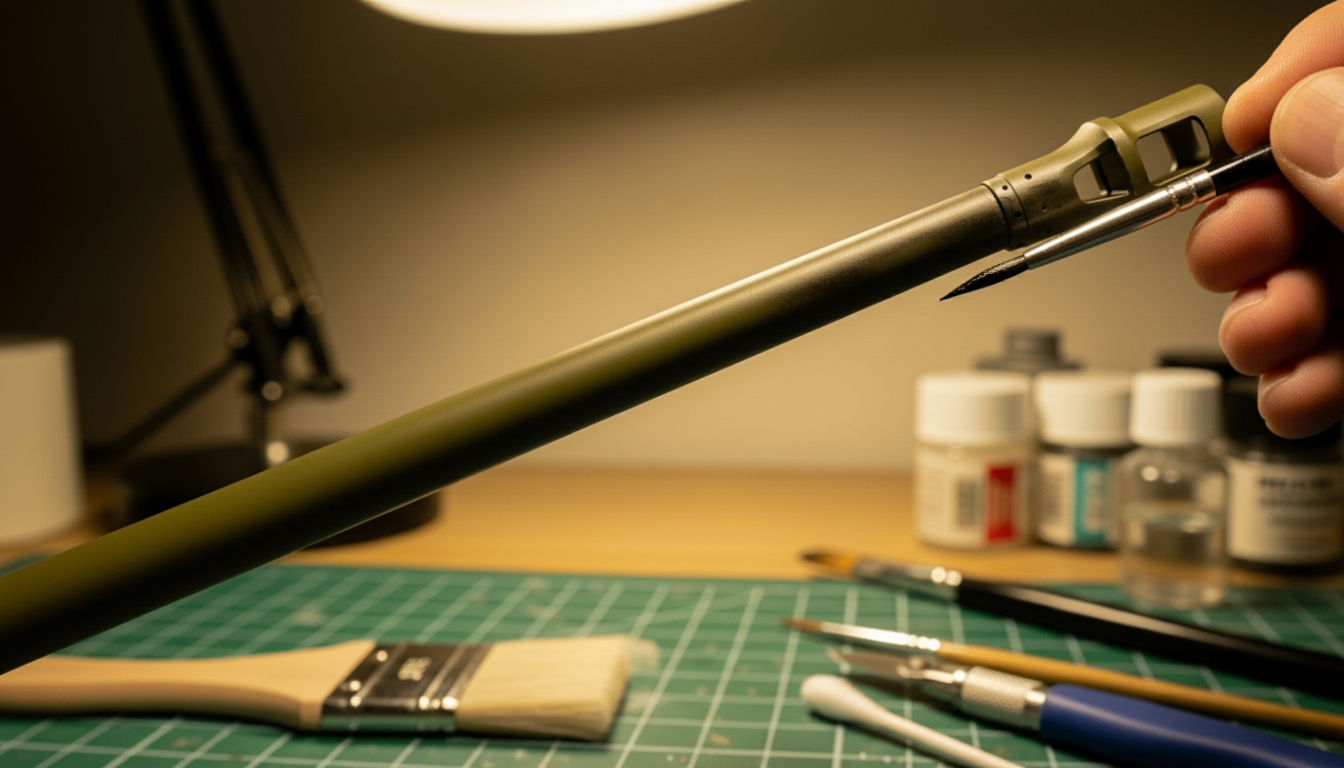 How to Paint a Smoked Tank Cannon Barrel - Step 3 Close-up of a tank modeler airbrushing or brushing a soft black fade around the muzzle edge to begin the smoke effect on an olive-drab barrel.