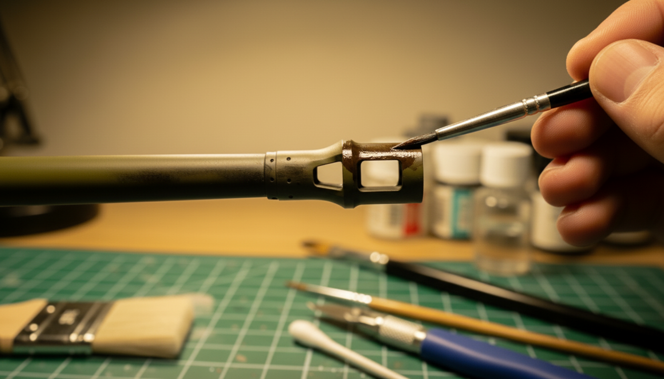 How to Paint a Smoked Tank Cannon Barrel - Step 4 Macro shot of a tank barrel muzzle where dark brown-black paint is feathered backward to create a warm, burnt tone for a realistic soot gradient.