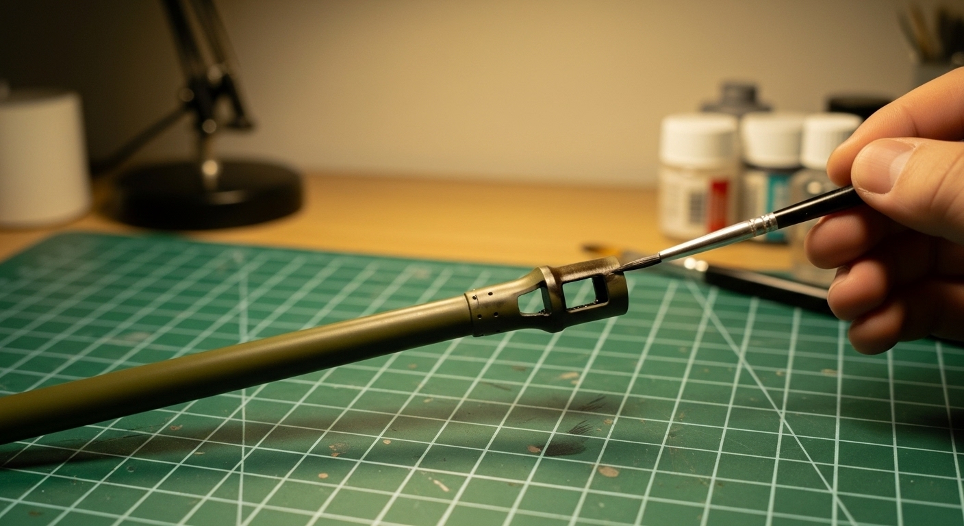 How to Paint a Smoked Tank Cannon Barrel - Step 5 Modeler using a damp flat brush to soften the transition between dark soot and the clean barrel color on a scale-model tank gun under warm light.