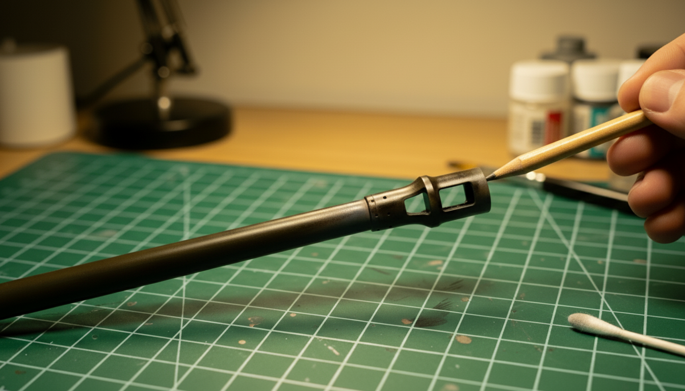How to Paint a Smoked Tank Cannon Barrel - Step 6B Close-up of a tank barrel muzzle being polished with graphite for a metallic rim effect, showing realistic sheen and warm olive tones.